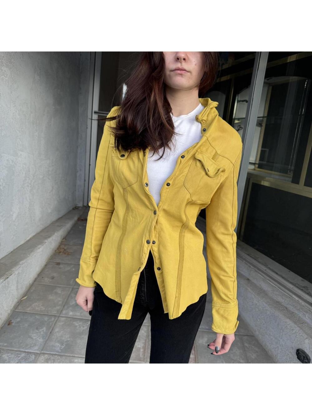 Y2K Jakett NYC Mustard Leather Jacket XS Soft Tailored Moto